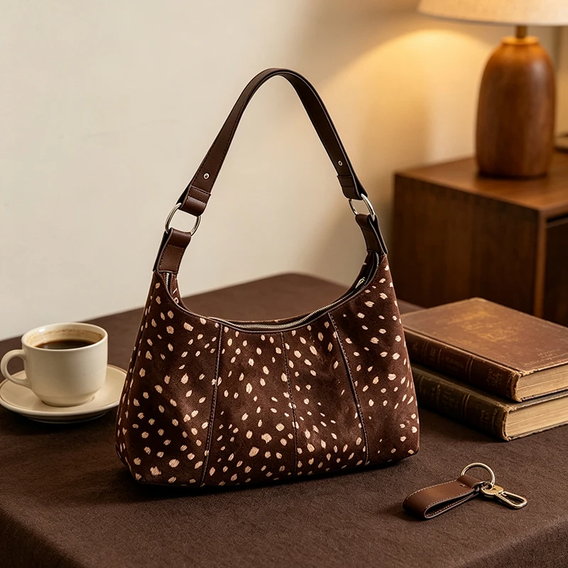 Deer Spots Schultertasche aus Kunstwildleder, Vintage-Handtasche für Damen, ideal für den Alltag im Herbst und Winter, große Kapazität, weich, lässig, mit Reißverschluss. – Detail 4
