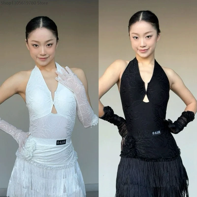women-latin-dance-dress-femal-black-white-fringe-dress-halter-neck-tops-skirt-gloves-set-latin-competition-performance-costume