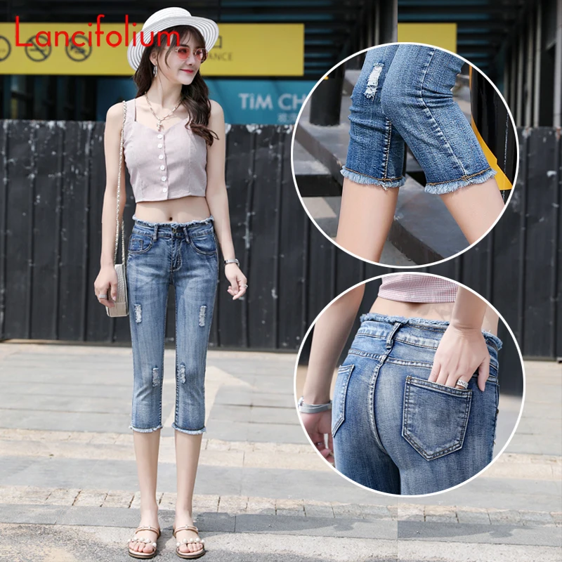 Calf Length Jeans Women Summer Breeches Vintage Slimming High Waist Gaiters Bodycon Ripped Distressed Stretchy Pencil 3/4 Pants