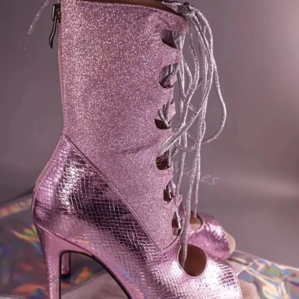 Glitter Stitching Peep Toe Ankle Boots Women Cross Strap Hollow Back Zipper Jazz Dance Shoes New Stage Shining Performance Boots