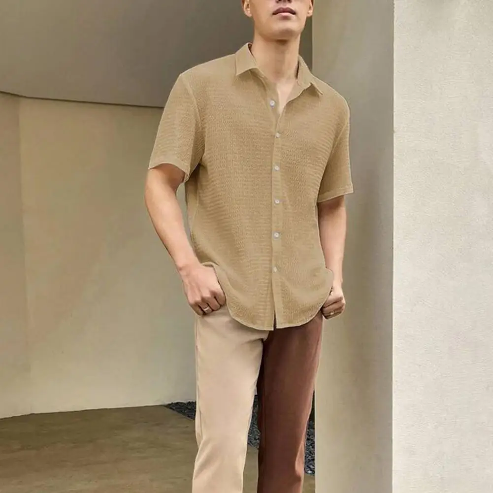 Men Loose Shirt Stylish Men's Water Wave Texture Shirt Single-breasted Loose Fit Short Sleeves for Summer Office Commute Casual