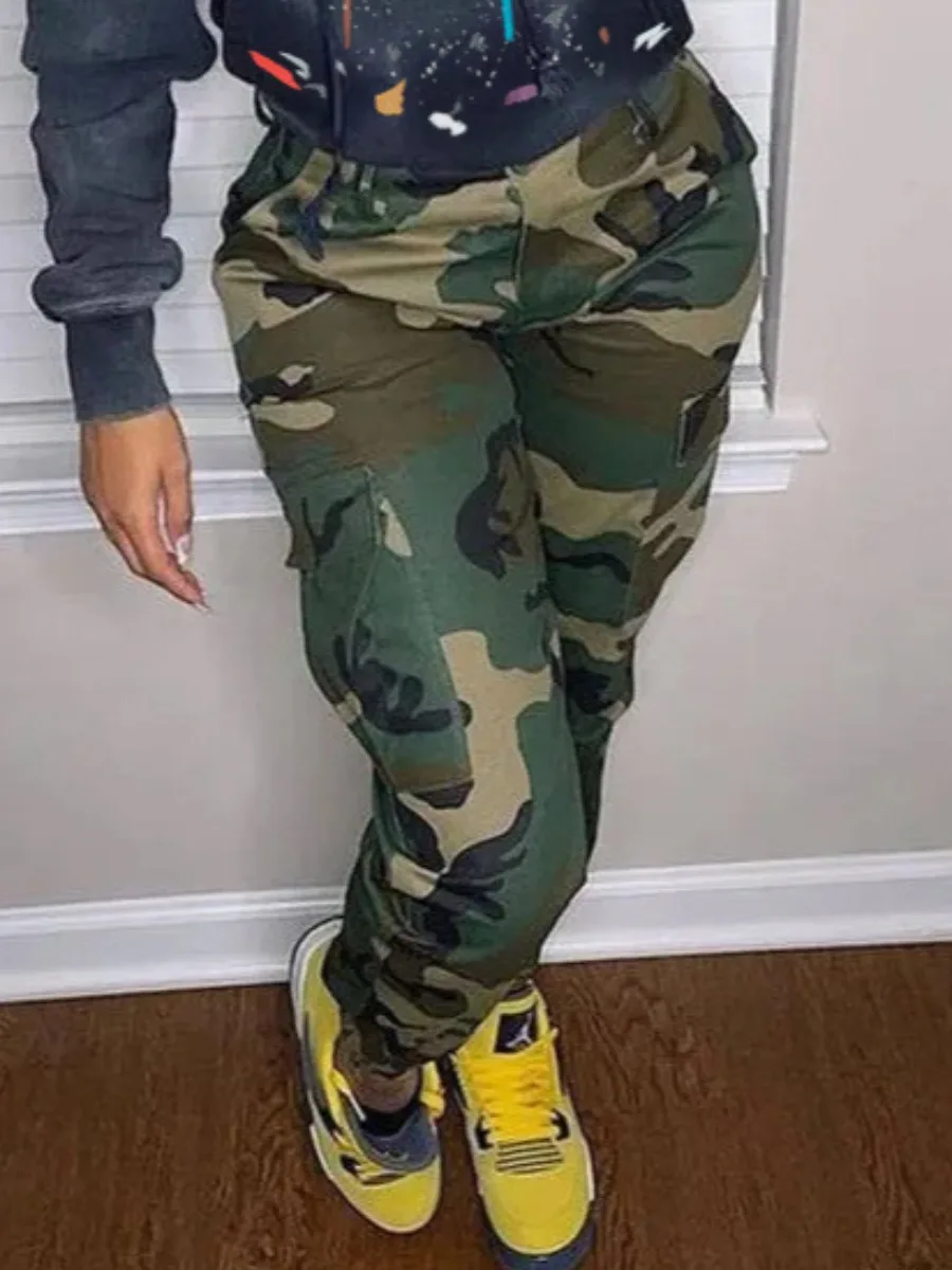 

LW High Waist Camo Multicolor Cargo Pants Street Casual Side Pocket Camouflage Women Streetwears Lady's Straight Trousers