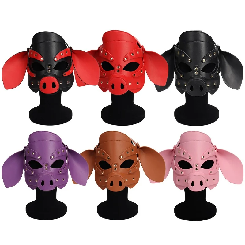 

PU Leather Cute Pig Cosplay Full Face Mask Sexy Adult Party Men Headgear Role Play Fetish Animal Masks Metal Rivet Head Cover