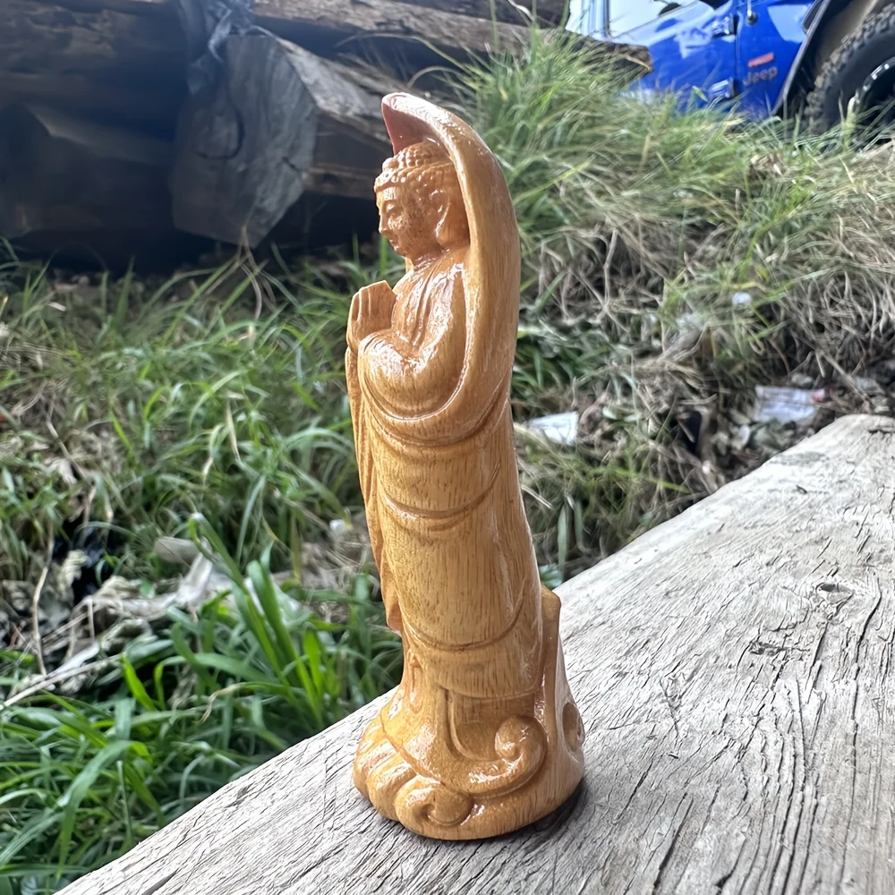 Wooden Standing Buddha Statue Ornament, Hand-Carved, Zen Style, Suitable for Home Living Room Decoration, Office, Tea Table Decoration, Bedroom Decoration, Car Interior Decoration, Housewarming Gift