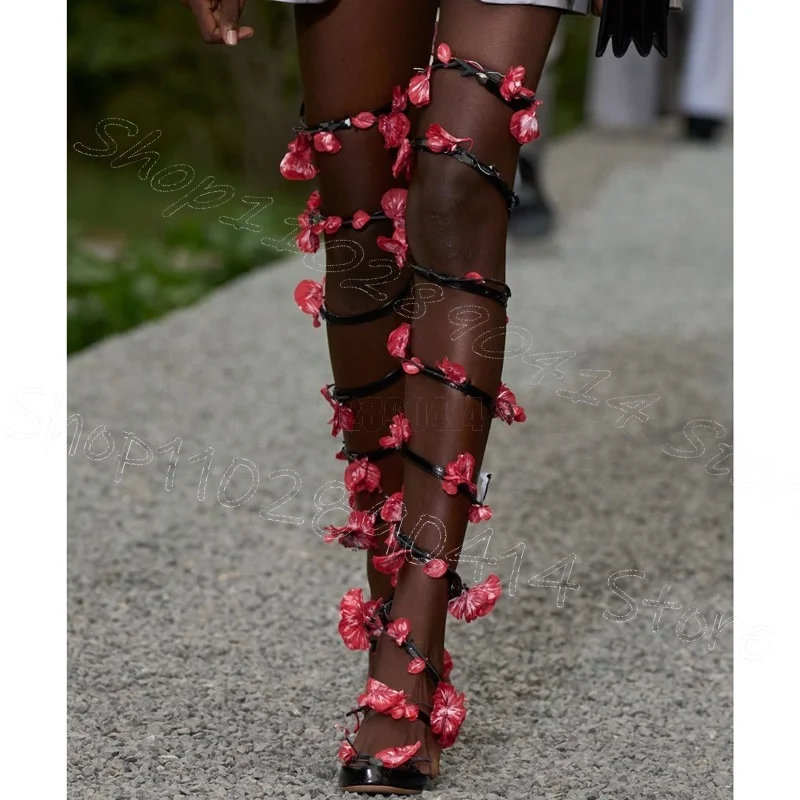 

Red Appliques Black Hollow Design Twine Boots Slip On Women Shoes Thin High Heels Party Dating Runway 2025 Zapatos Para Mujere