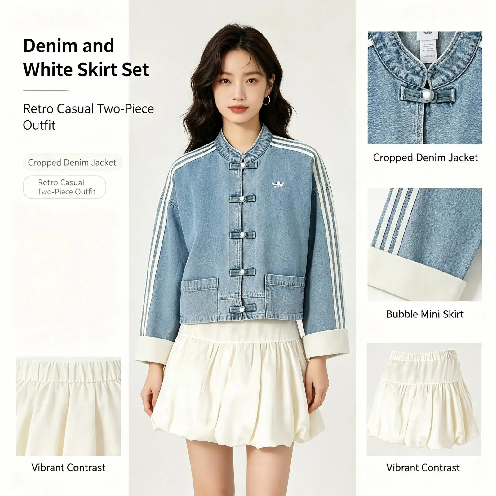 Adidas Women’s Light Blue Denim Jacket and White Mini Skirt Set, Retro Casual Two-Piece Outfit Cropped Jacket and Bubble Skirt