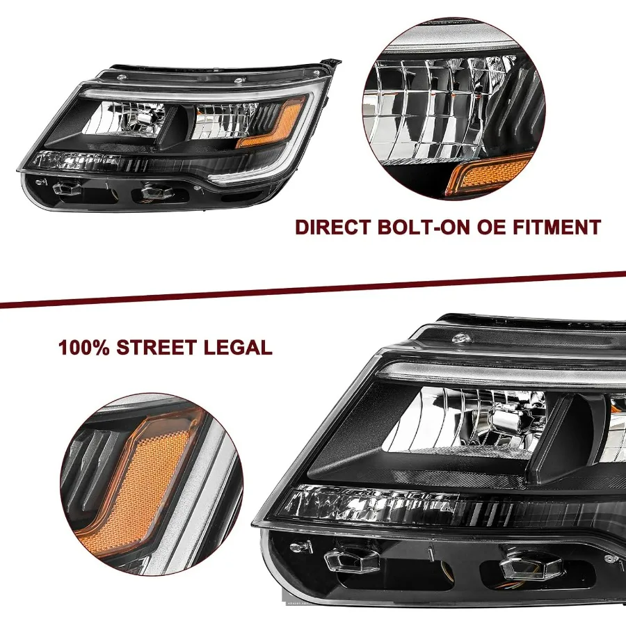 استبدال مجموعة مصابيح أمامية للإسكان الأسود مع DRL لمصابيح Ford Explorer Factory OE Style من عام 2016 إلى 2018 #4