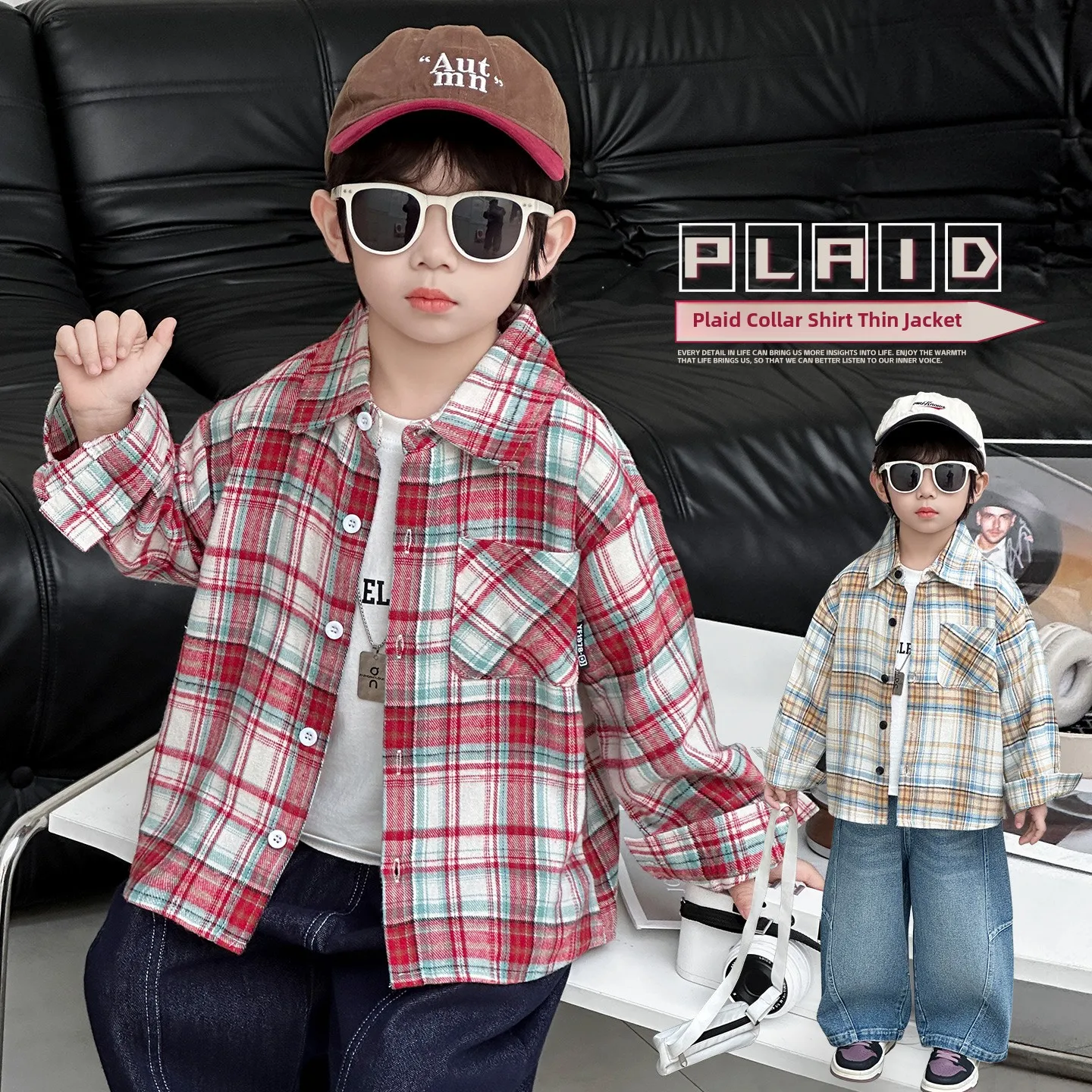 

Faionable Plaid irt Jaet for Boys Thin Spring Autumn Baby Jaet Casual Sle Stand Fit Long Sve Cotton Blend