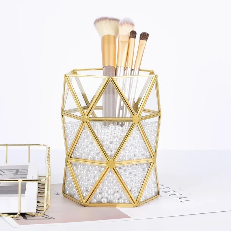 Nordic ins glass storage barrel, brass fringed dry flower arranging device, gold cosmetic brush storage barrel