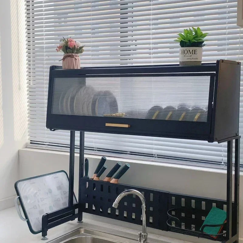 Kitchen Sink Storage Shelf Draining Rack Dish Rack Retractable Dish Rack with Door Dish Storage Cabinet