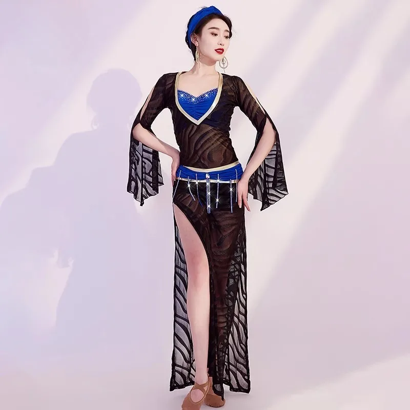 맞춤형 새로운 밸리 댄스 의상 점프 슈트 baladi 가운 댄스 공연 의상 메쉬 롱 드레스 블랙 레드 스플릿 스커트