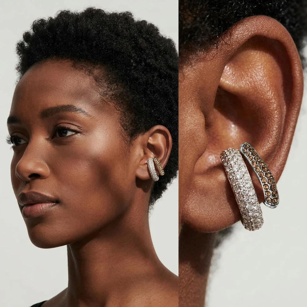 Zarte Hohle Doppel-C-Form Clip-Ohrringe mit Farbigen CZ Zirkonia, Mini Ohne Piercing Ohrclips für Damen, Schicker Schmuck