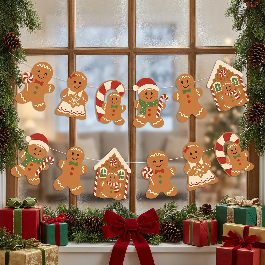 Christmas Gingerbread Man Paper Banner, Gingerbread House Candy Cane Bunting for Xmas Fireplace Wall Decor