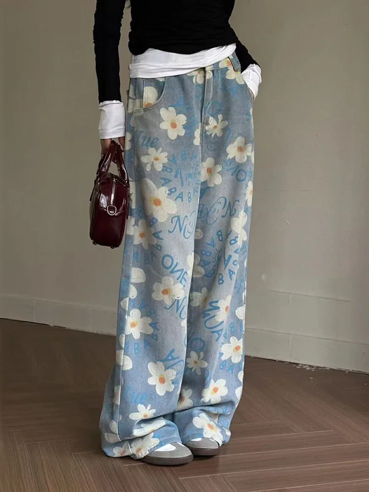 Vintage Baggy Blue Women's Jeans Straight Loose High Waist Trousers Flower Printing Streetwear Fashion Mom Denim Wide Leg Pants