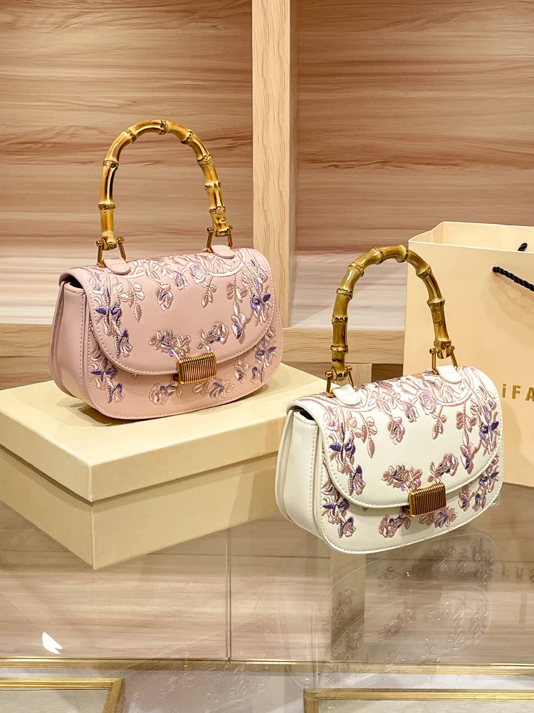 

New Chinese Leather Embroidered Bamboo Handbag 2024 New Fashion Saddle Bag Women's Shoulder Crossbody Bag