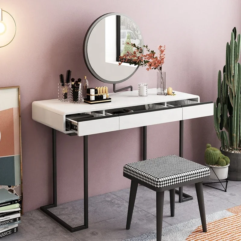 

Bedroom Furniture Smooth MDF White Black Cosmetics Storage Dressers With Round Mirror high quality