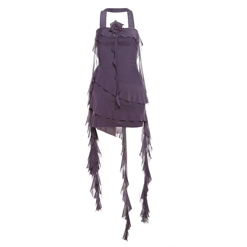

Spicy Hanging Neck Strapless Dress Summer Ruffle Edge Flowing Strap Slim Fit Irregular Design Short Dress for Women clothes
