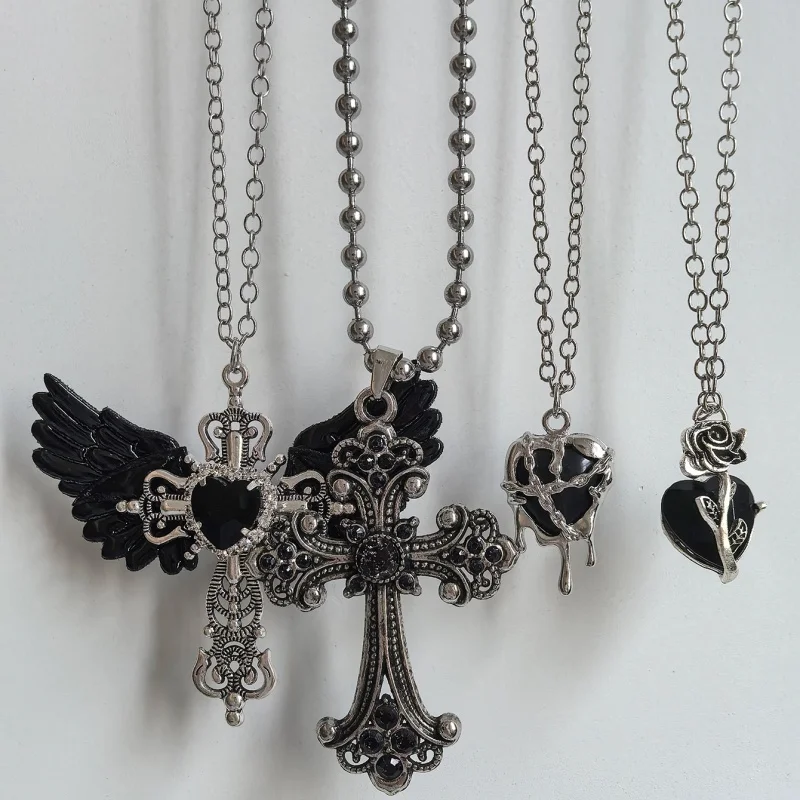 4Pcs Gothic necklace set with winged black heart rose drop heart, black rhinestone cross pendant necklace aesthetic jewelry