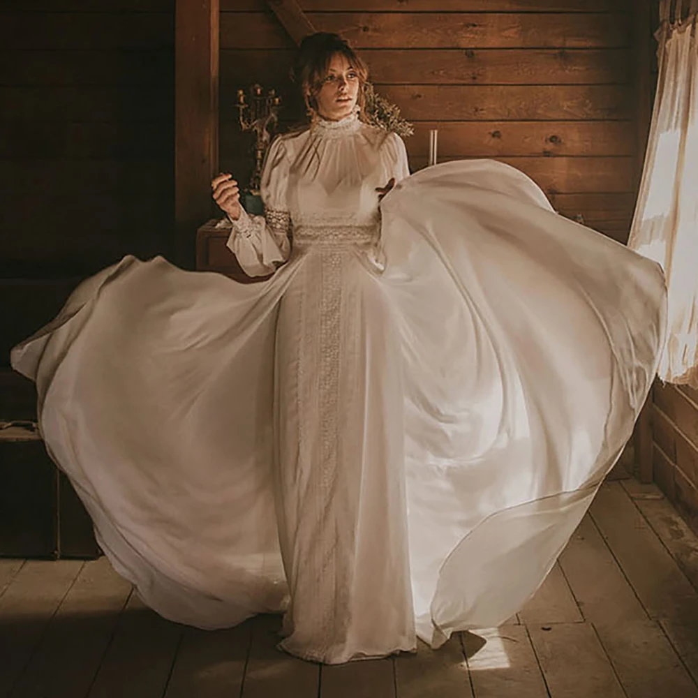 Middeleeuwse Victoriaanse Hoge Hals Chiffon Trouwjurk Een Lijn Lange Mouwen Keyhole Terug Geplooide Uitsparing Kant 1920S Retro Bridal gown