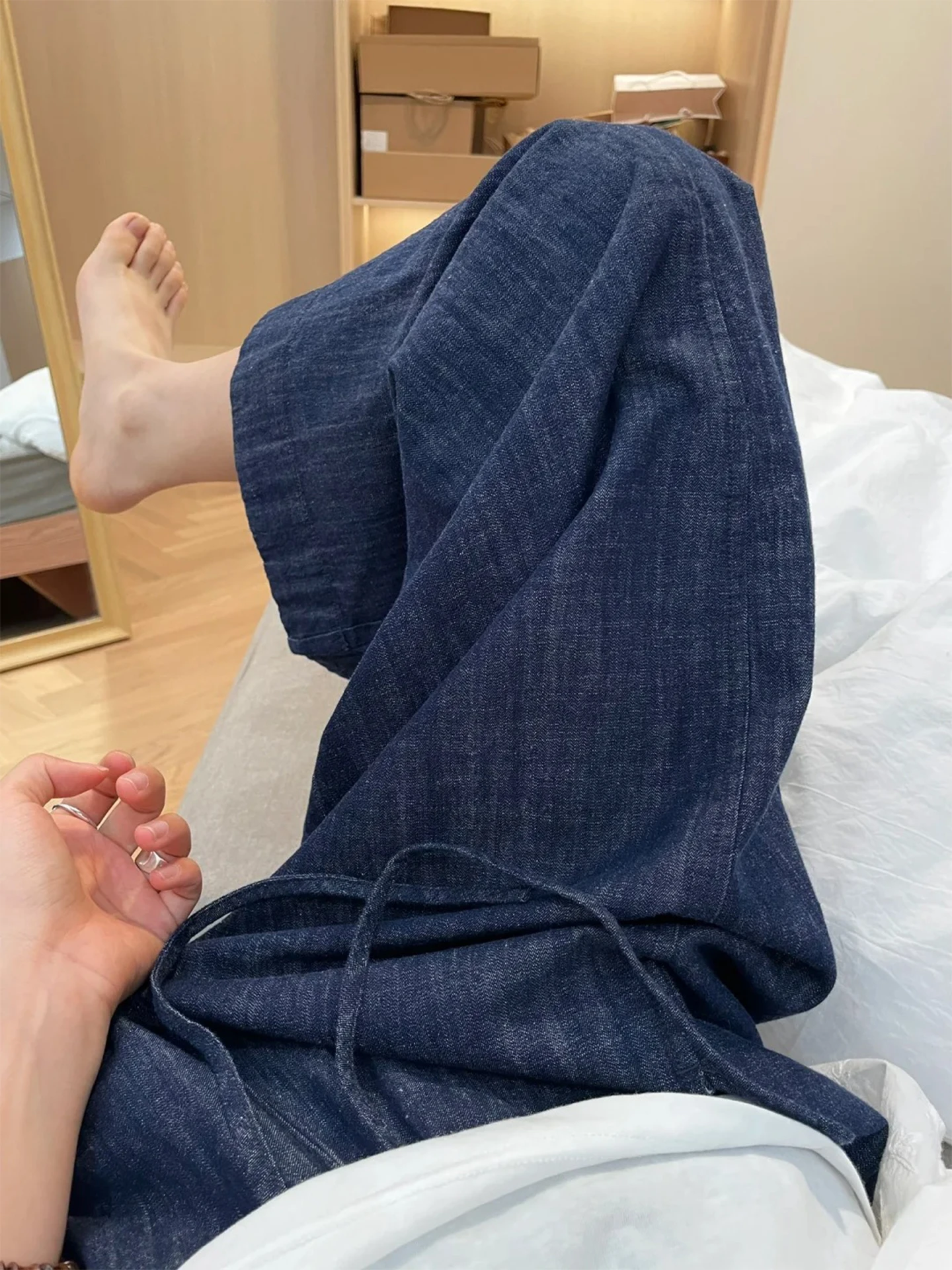 

Women's Summer Thin Wide Leg Denim Jeans Cotton Linen Nine Point Pants Loose Fit High Waist Straight Tube Trousers plus Size