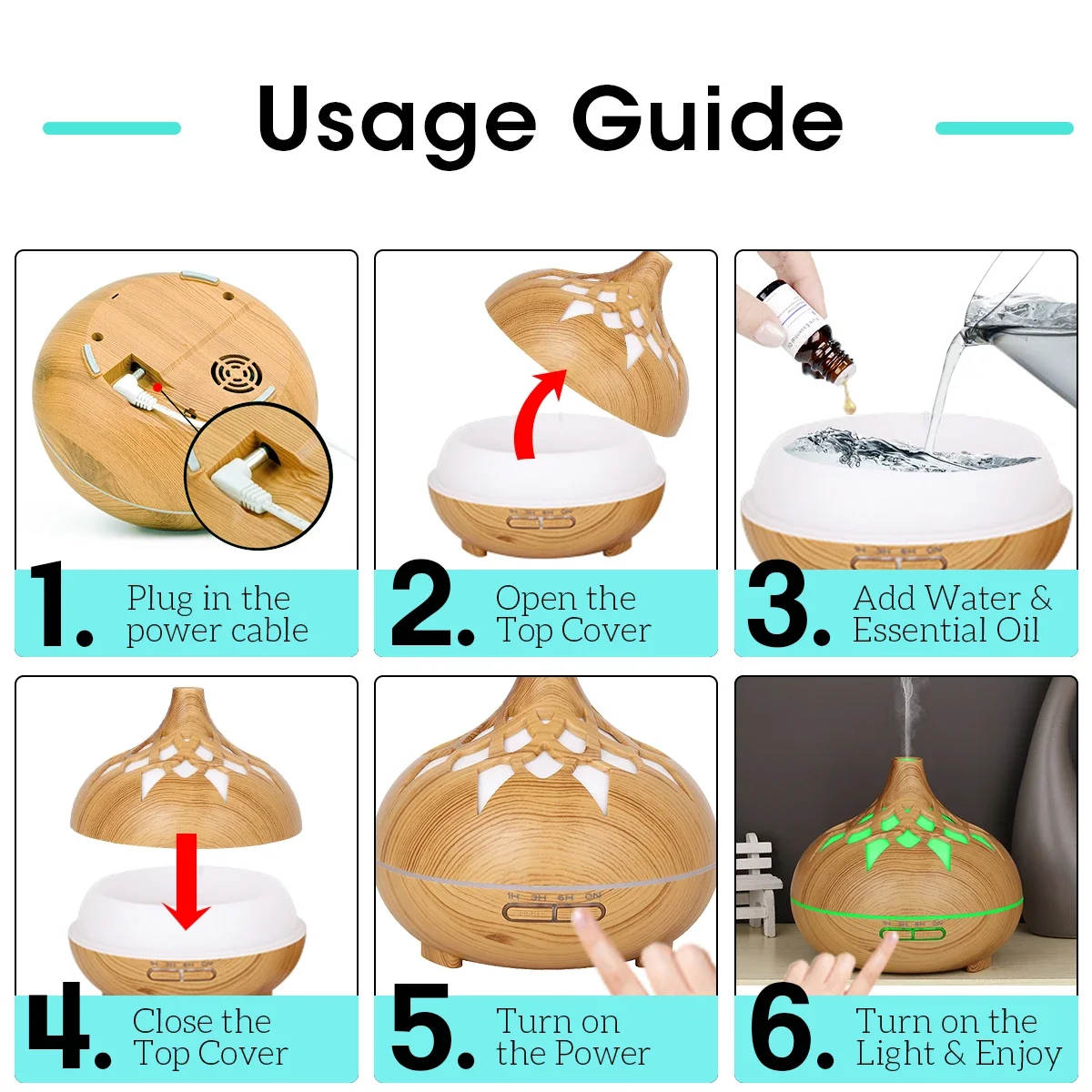 500 مللي الروائح الناشر الضروري النفط جوفاء الخشب الحبوب التحكم عن بعد بالموجات فوق الصوتية الهواء المرطب بارد مع 7 ألوان ضوء