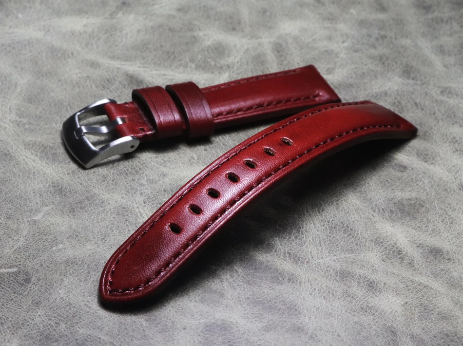 20mm 22mm Luxury Burgundy Handmade Thick Cowhide Leather Watchband Vintage  Derma Bracelet Fashion Wrist Band Strap Accessories