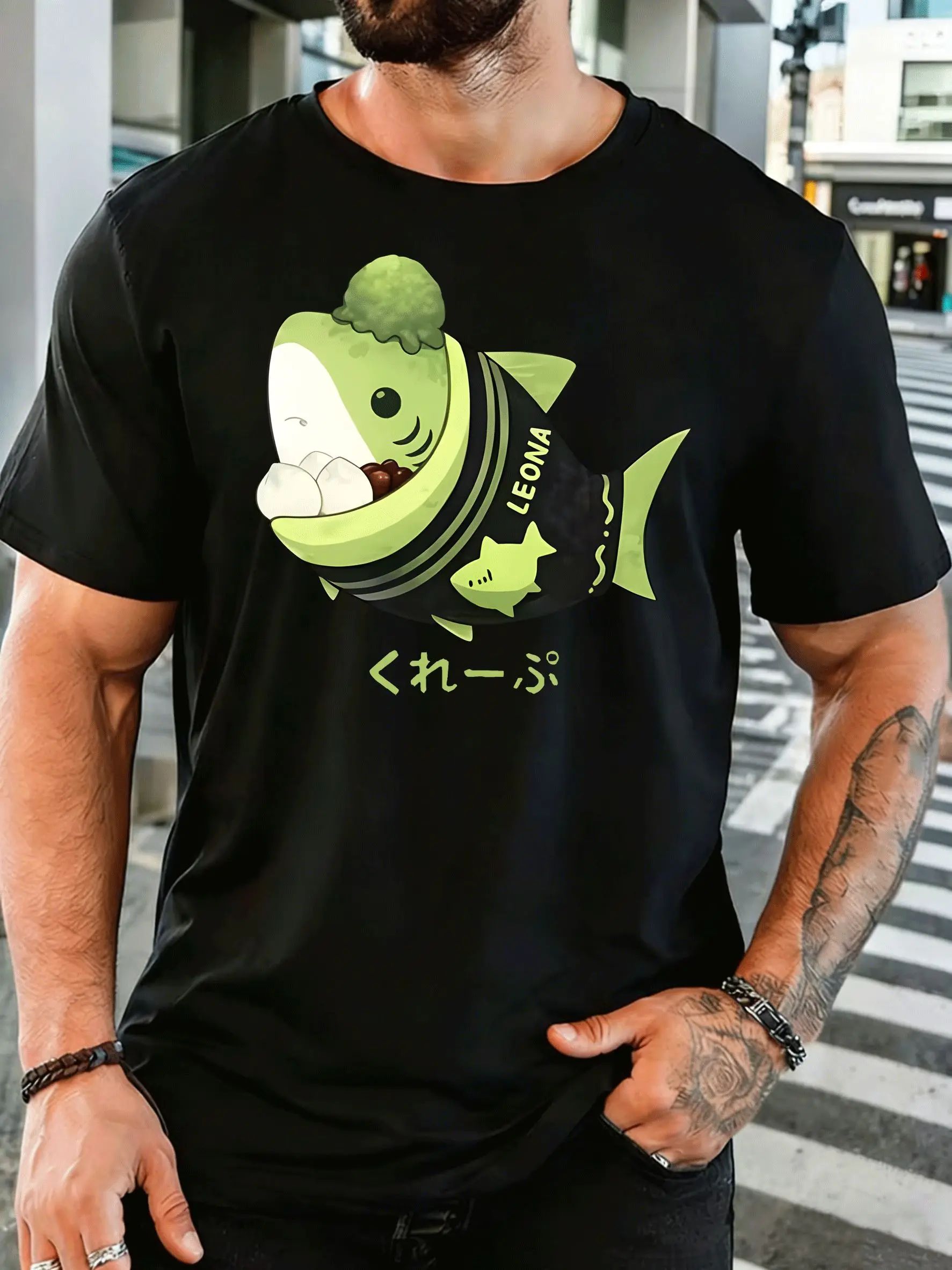 Cute Sushi Shark With Japanese Text Mens Front Print T Shirt Cartoon Sea Animal Graphic Casual Short Sleeve Top Anime Fan Gift