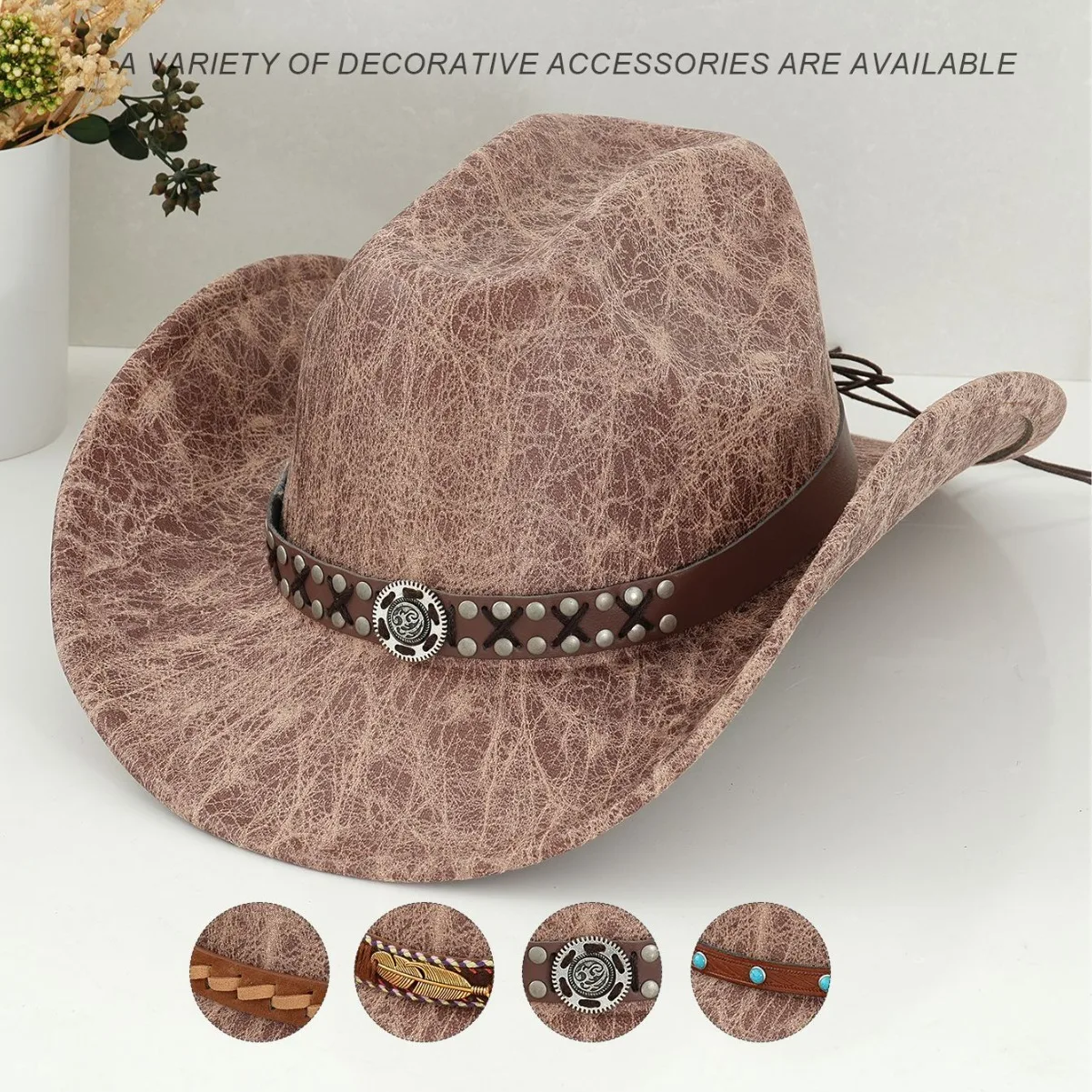 

HongLuan Brown Cracks Felt Heart Belt Cowboy Hats Women, Bohemia Cowboy Hat for Cowgirl Costume, Cowboy Accessories for Man