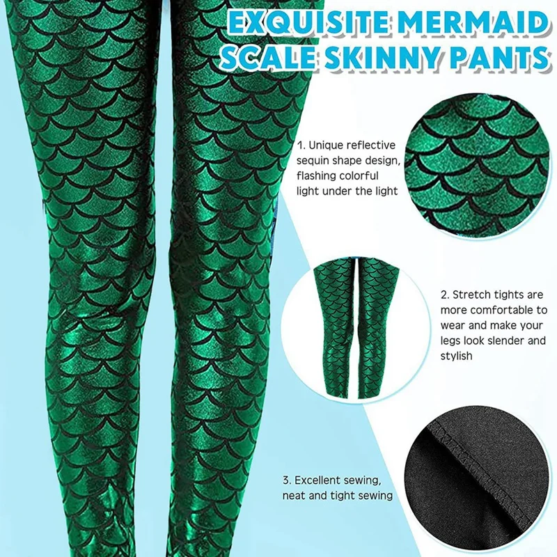 Legging sereia feminina em escala de peixe verde brilhante, calça elástica de cintura alta, casual e roupa de festa