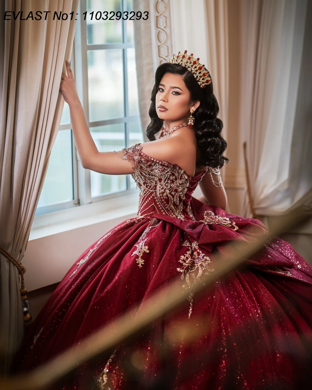 EVLAST personalizado brillo Borgoña vestido para quinceañeras vestido De baile apliques De encaje dorado rebordear dulce 16 Vestidos De 15 Anos E1QN684