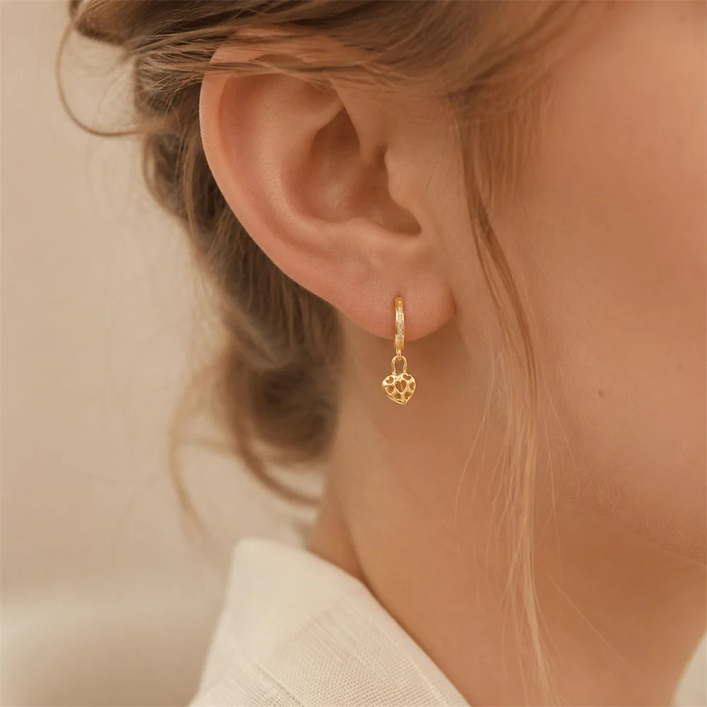 Lovely Cute Gold Color Plating Hollow Heart Charm Mini Zircon Paving Hoop Earrings For Women Girl Delicate Jewelry Gift