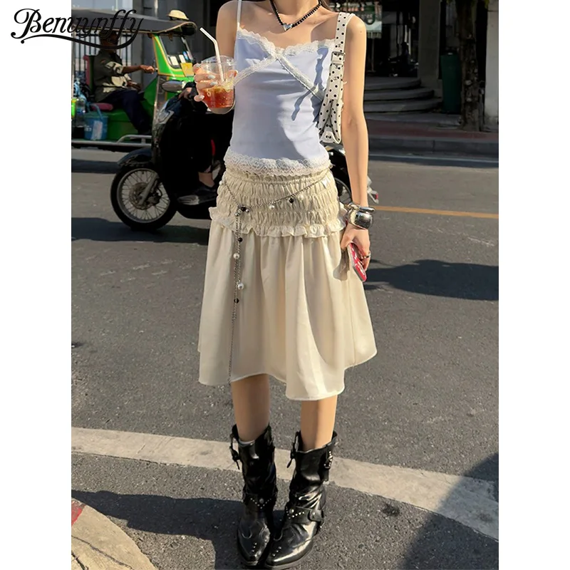 

Юбка-миди Benuynffy однотонная с оборками, А-силуэт, женская, весна-лето 2026, новая, шикарная, уличный стиль, универсальная, с эластичной талией