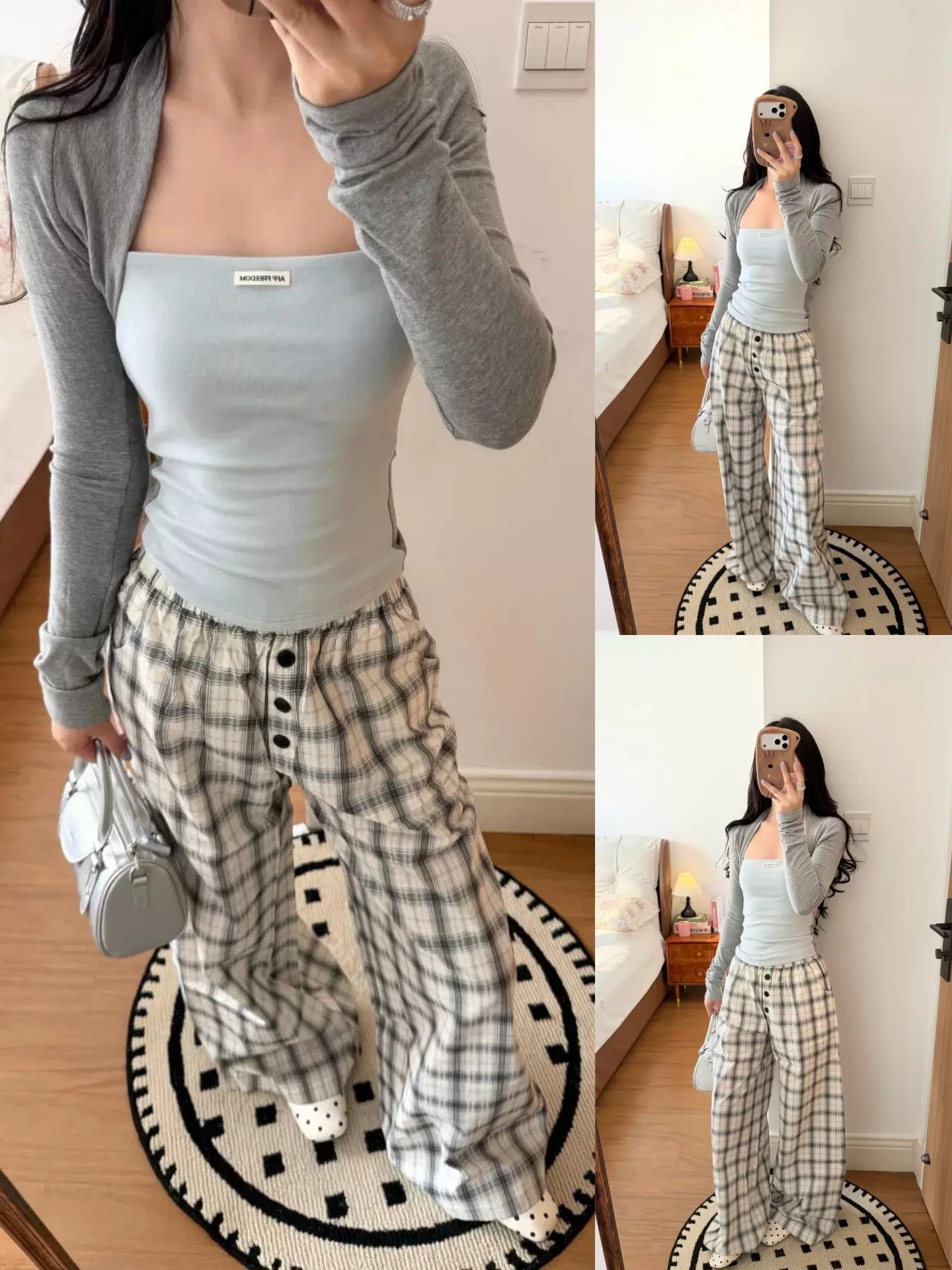 

American Style Wide Leg Casual Pants Women Summer Plaid Front Button Loose Sensation Lazy Style Loose Drapey Floor-Length Pants