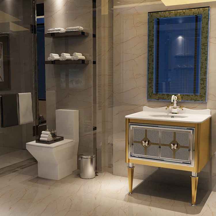 Luxury Golden Floor Standing Mirror Cabinets Single Sink Stainless Steel Bathroom Vanities