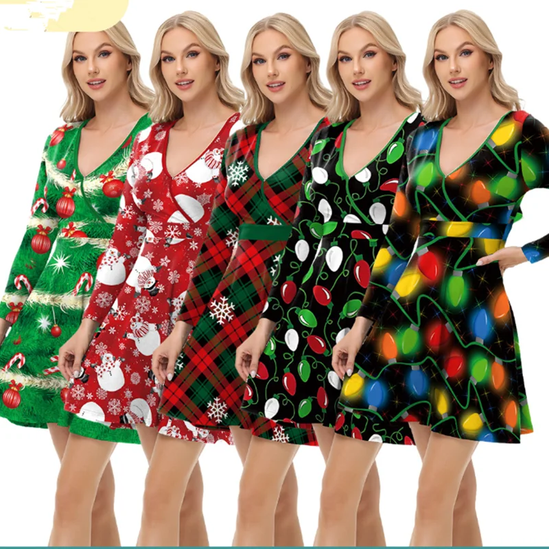 New European and American fashion sexy dress Christmas skirt digital print V-neck autumn long sleeve dress women