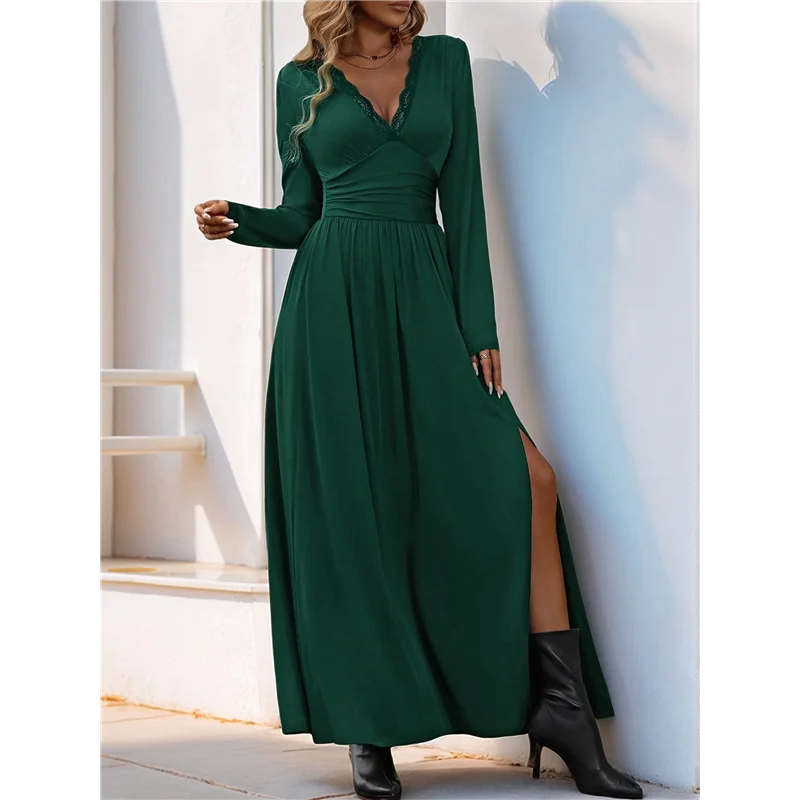【SEE】 Abito lungo da donna con scollo a V profondo e maniche lunghe con spacco, autunno 2025, elegante, formale, per matrimonio, sera, data, ballo di fine anno