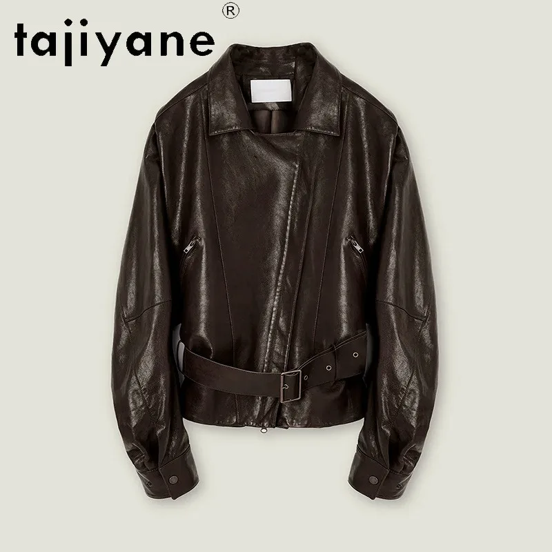TAJIYANE Genuine Leather Jacket Women Vegetable-Tanned Sheepskin Leather Coat Oversized Outerwear Biker Jacket Streetwear Косуха
