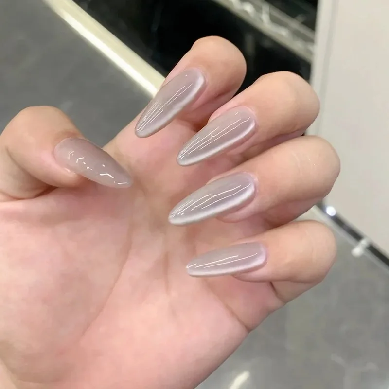 

24pcs Long Almond Press on Nails Gray Cat Eye False Nail Chilly Ash Full Coverage Nail for Women&Girl Removable Wearable Nail