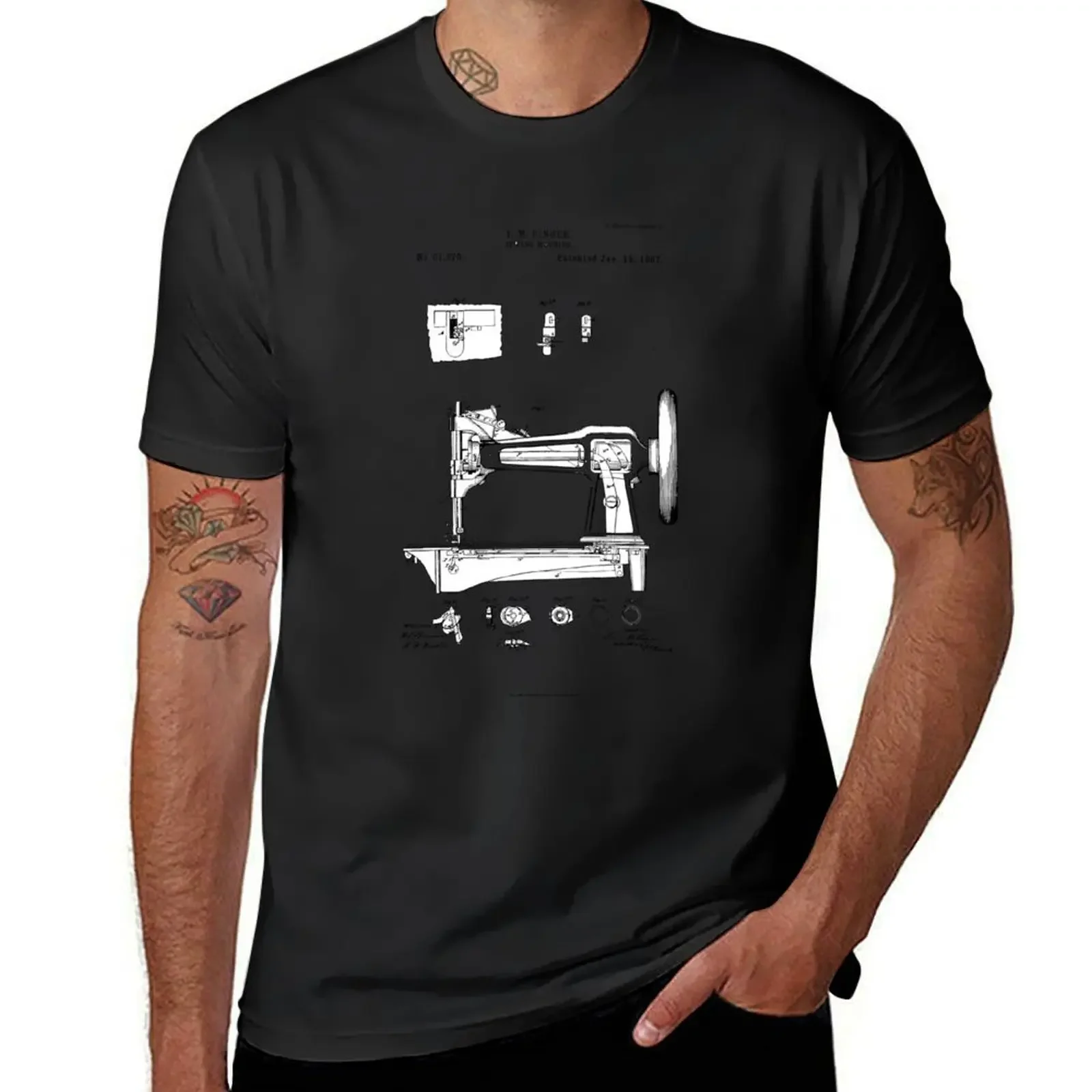 Sewing machine old patent vintage drawings T-Shirt graphic tee shirt baggy shirts vintage t shirts clothing for men