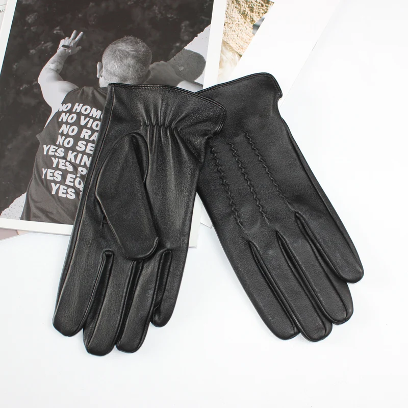 Guantes de conducción de piel de oveja para hombre, guantes finos de un solo cuero sin forro con pantalla táctil, guantes de motocicleta ondulados a