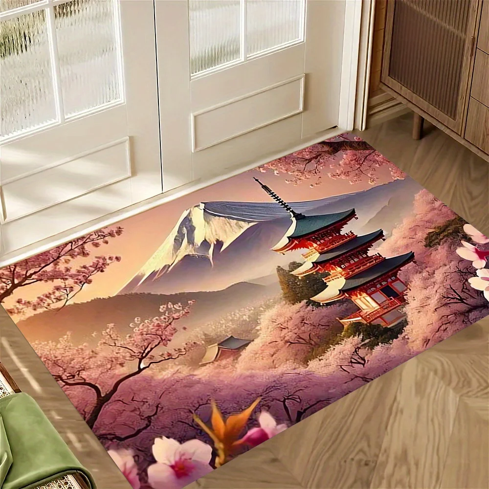 1pc 2D Flat Japanese Landscape Cherry Blossom & Mount Fuji Mat, Home Decor Suitable for Home, Patio, Kitchen & Bathroom, 2D Flat