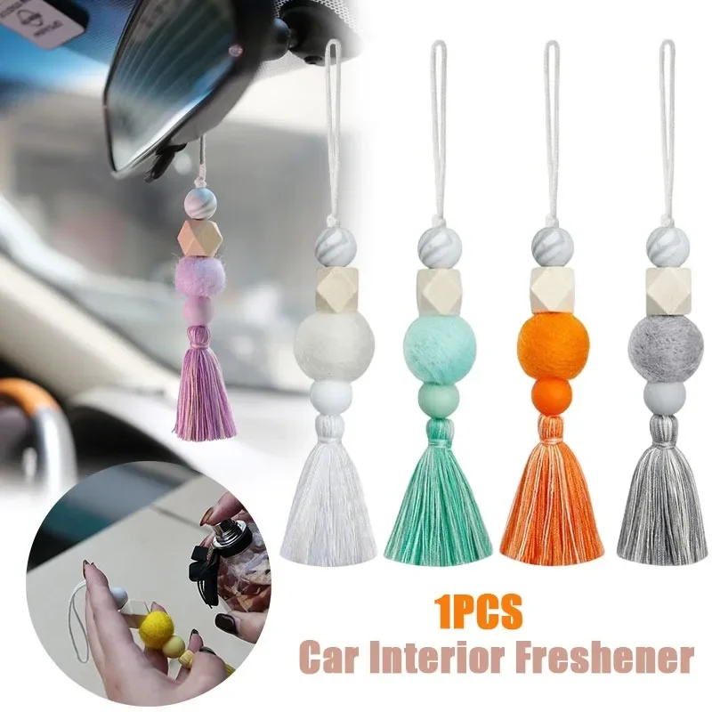 Car Interior Freshener Diffuser Fragrance Wooden Beads Felt Balls Cotton Thread Tassels Creative Handwoven Car Accessories