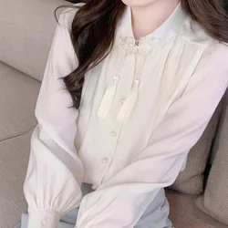 2024 New Summer Chinese Style Decorations Retro Loose Women's Shirt Office Lady Chiffon Button Turtleneck Long Sleeve Chic Tops