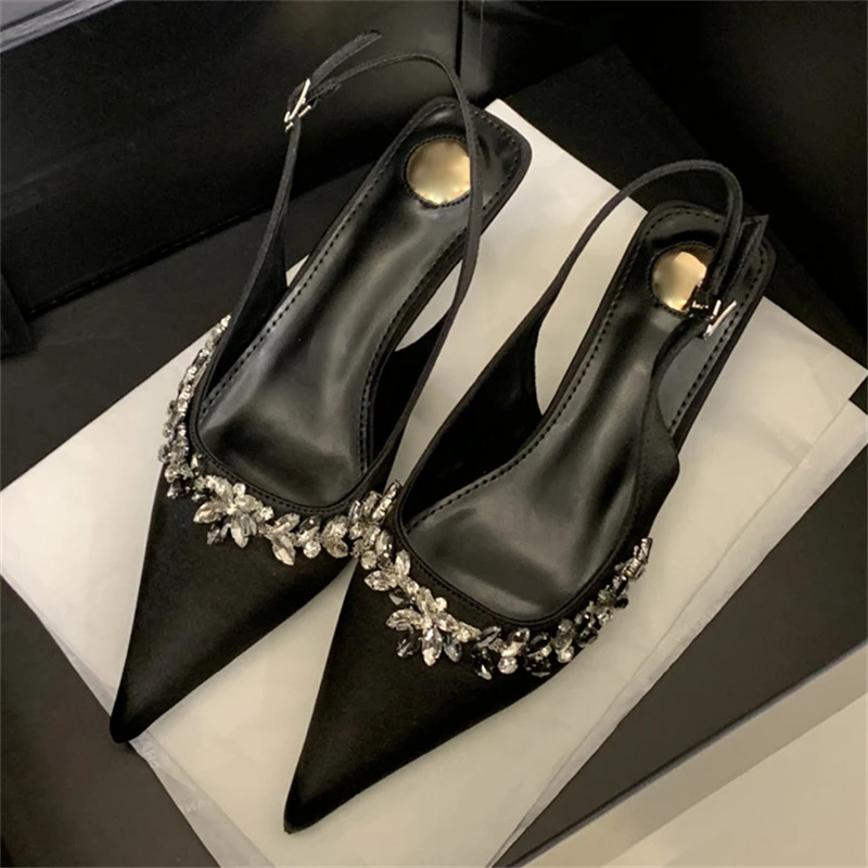 

Eilyken Fashion Satin Crystal Slingbacks Women Pumps High Quality Buckle Strap Thin Low Heels Party Dress Mule Shoes