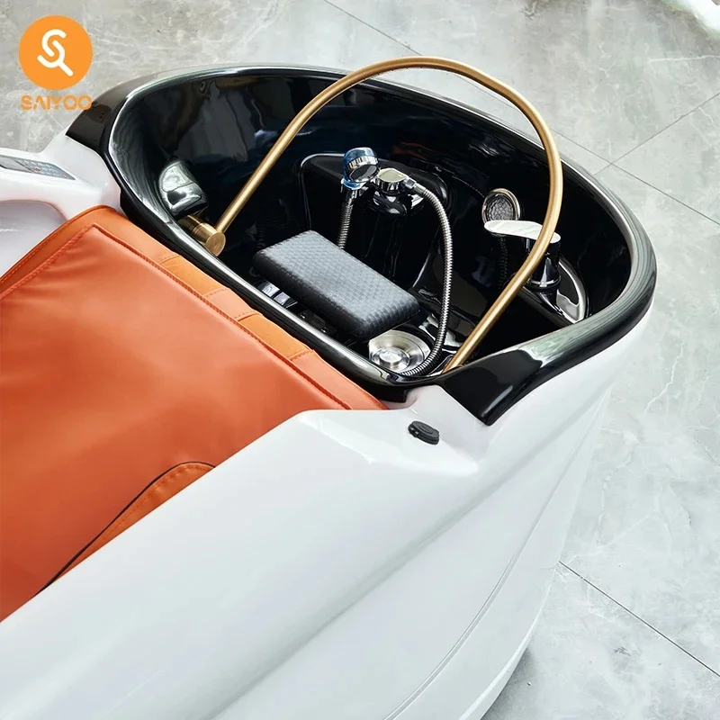 Modern LED Luxury Shampoo Chair with Orange Cushion Recliner for Salon and Spa
