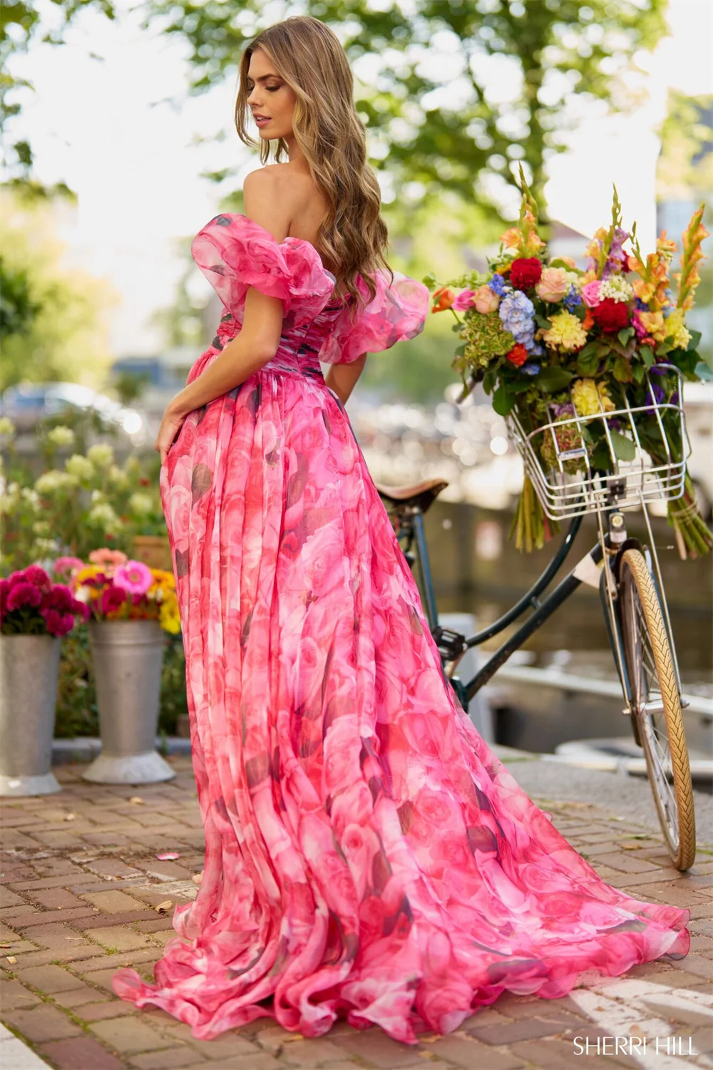 Sansa-Floral Imprimir Prom Vestidos, A-line Organza, sem alças, Split Side, sem mangas, Sweep Train, noite formal