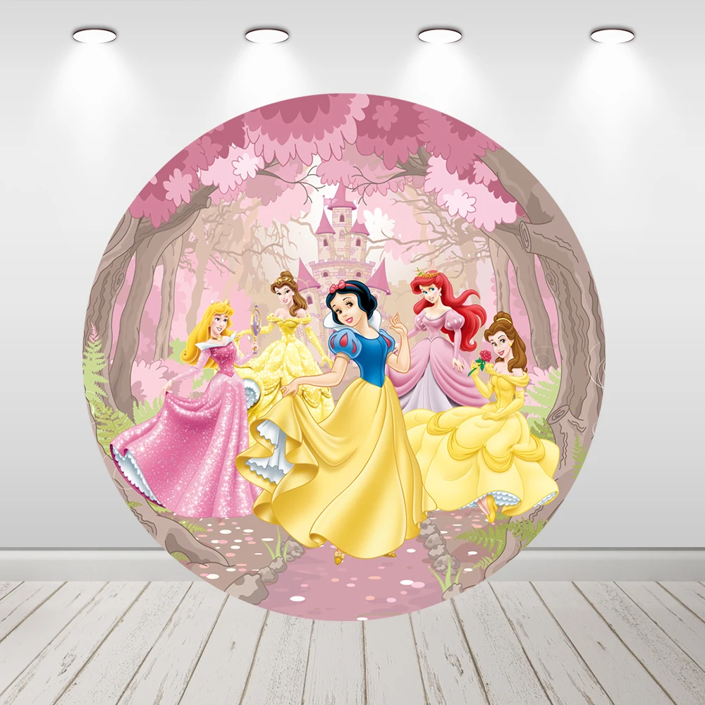 Castle Princess Birthday Photo Backdrop Fabric Round Covers with Elastic Girls Birthday Party Circle Photo Background