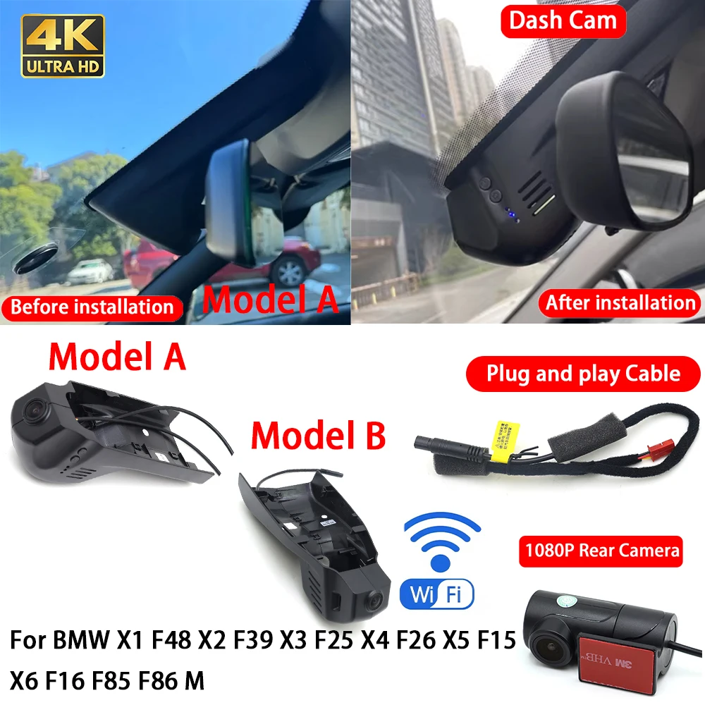for BMW X1 F48 X2 F39 X3 F25 X4 F26 X5 F15 X6 F16 F85 F86 M 4K Dash Cam Front Rear Car Camera Wifi Plug & Play Video Recorder
