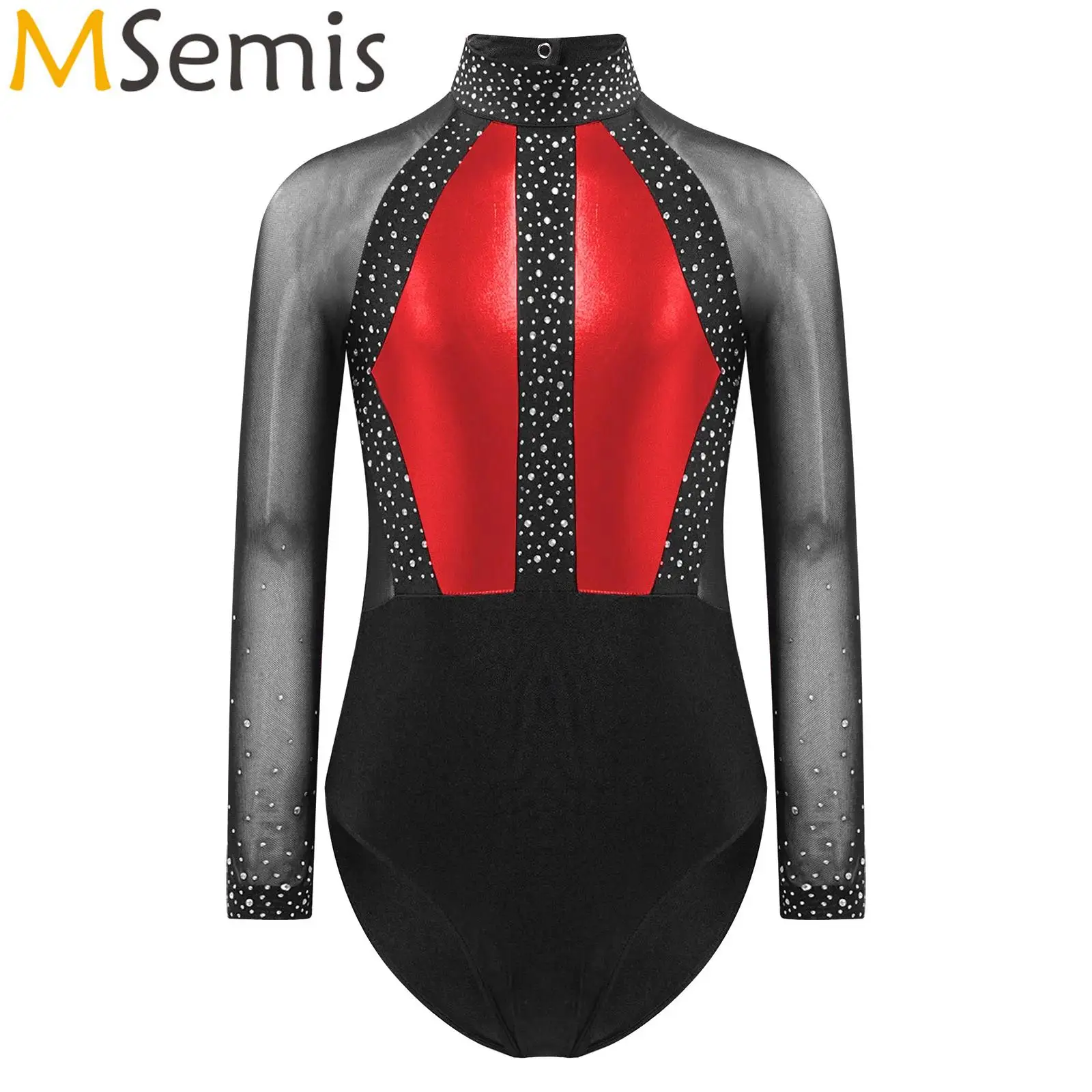 

Kids Girls Shiny Rhinestones Unitards Biketards Jumpsuit Gymnastics Figure Skating Mesh Patchwork Ballet Jersey Dance Costume