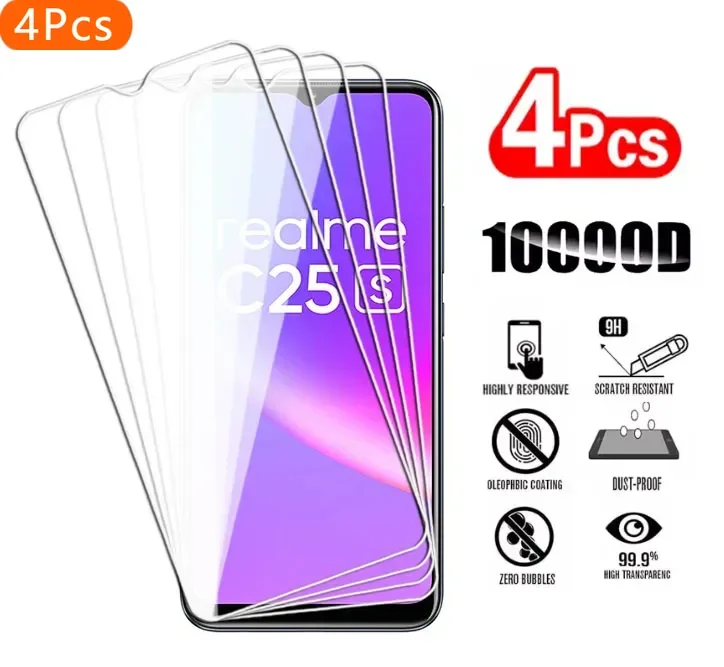 4Pcs Transparent Tempered Glass For Realme C20 C21 C25 C30 C31 C33 C35 C51 C53 C55 Screen Protector For Realme C25s C30s Film